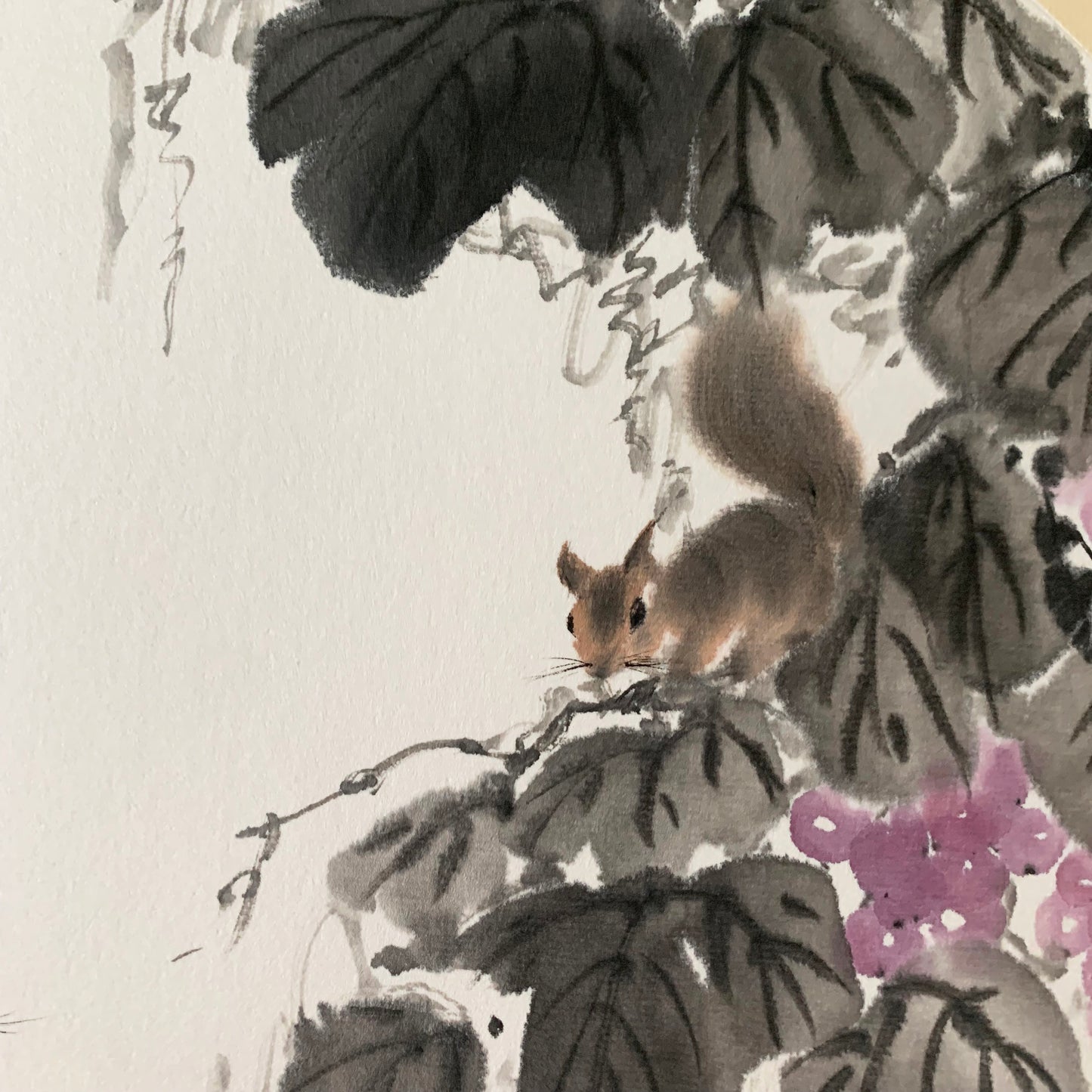 Squirrel and Grapes Ink Painting Wall Art