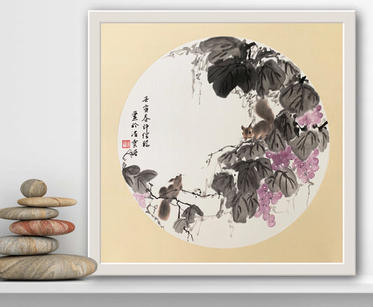 Squirrel and Grapes Ink Painting Wall Art