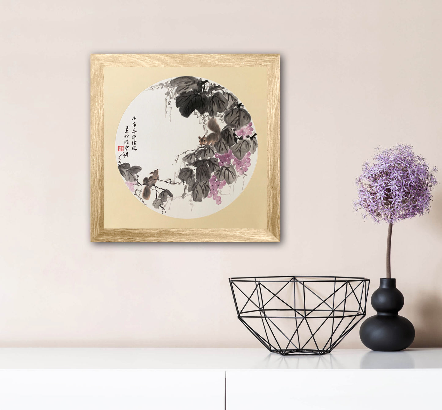 Squirrel and Grapes Ink Painting Wall Art