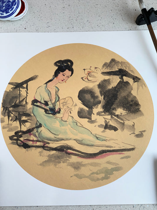 "Ancient Beauty by Lotus Pond" Chinese Ink Painting
