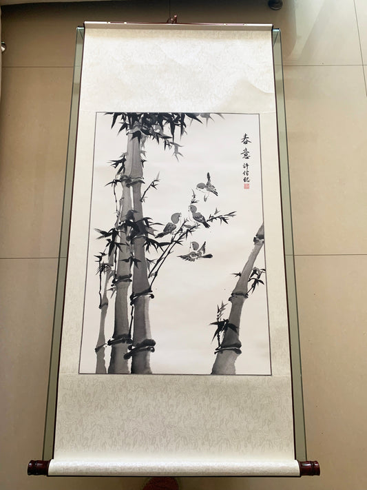 "Bamboo and Sparrows" Ink Wash Painting
