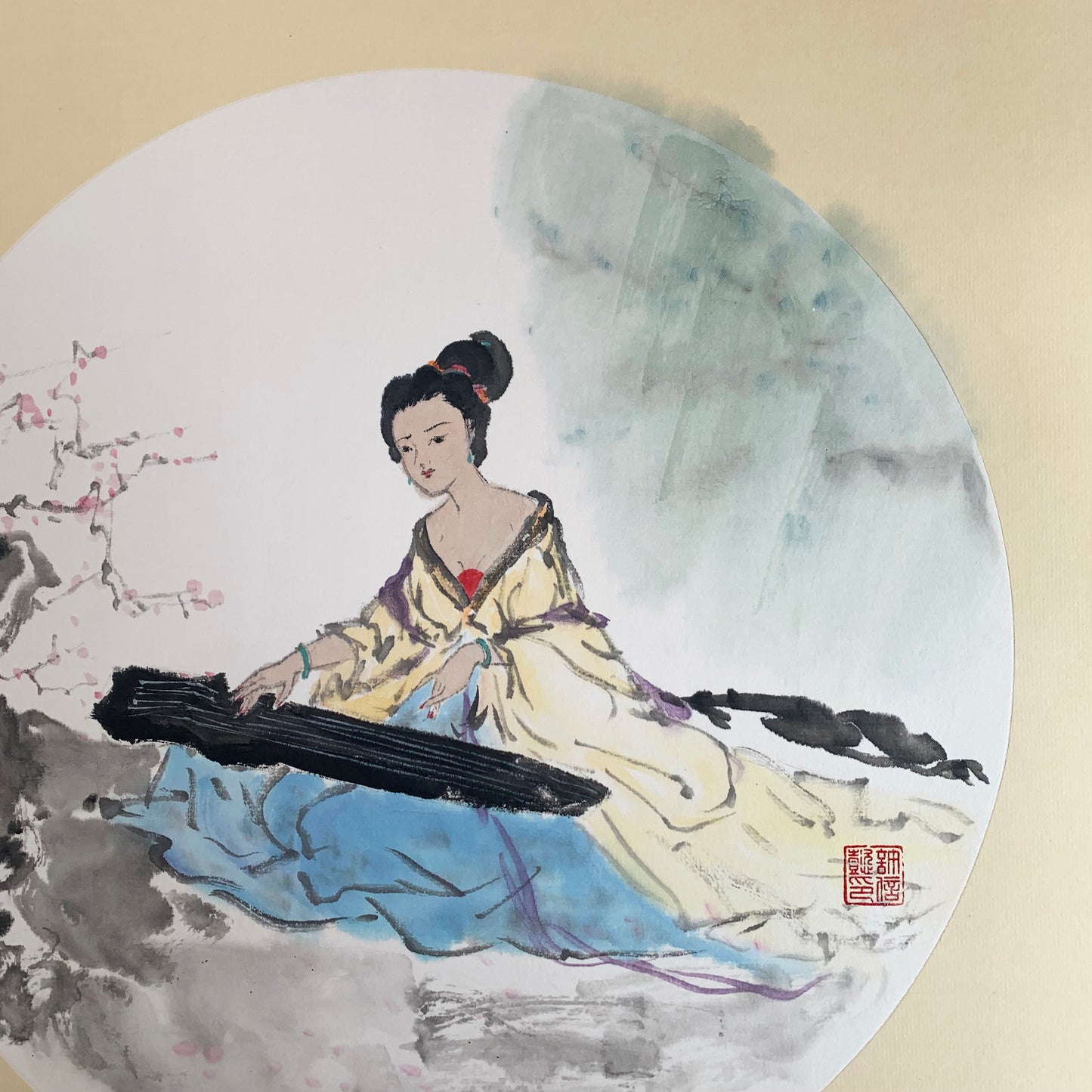 Ancient Beauty Playing Guqin Chinese Ink Painting