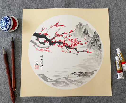 Plum Blossom and Monochrome Landscape Chinese Ink Painting