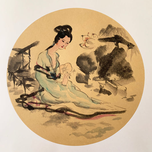 "Ancient Beauty by Lotus Pond" Chinese Ink Painting