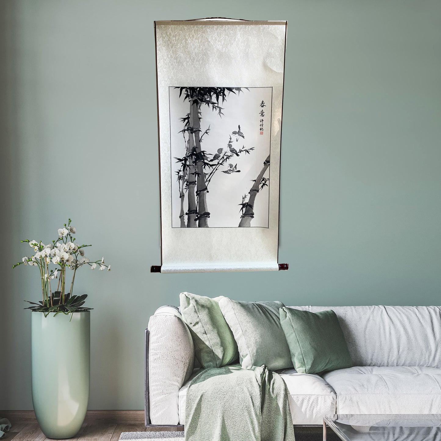 "Bamboo and Sparrows" Ink Wash Painting