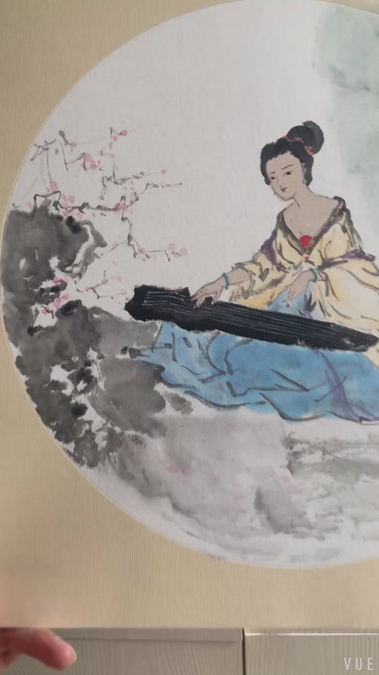 Ancient Beauty Playing Guqin Chinese Ink Painting