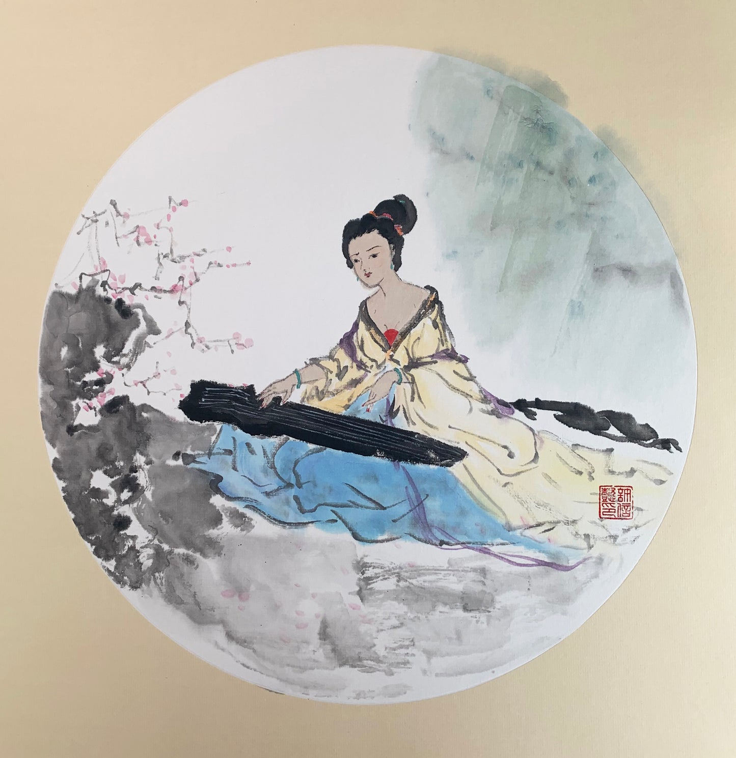 Ancient Beauty Playing Guqin Chinese Ink Painting