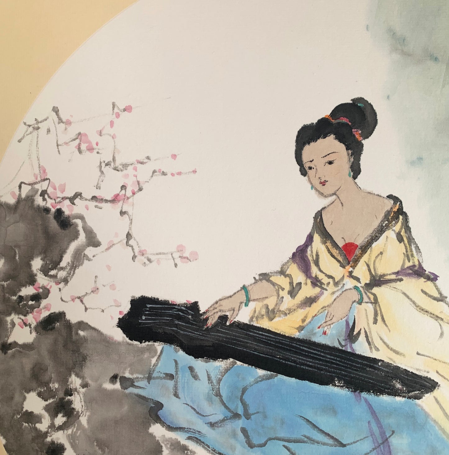 Ancient Beauty Playing Guqin Chinese Ink Painting