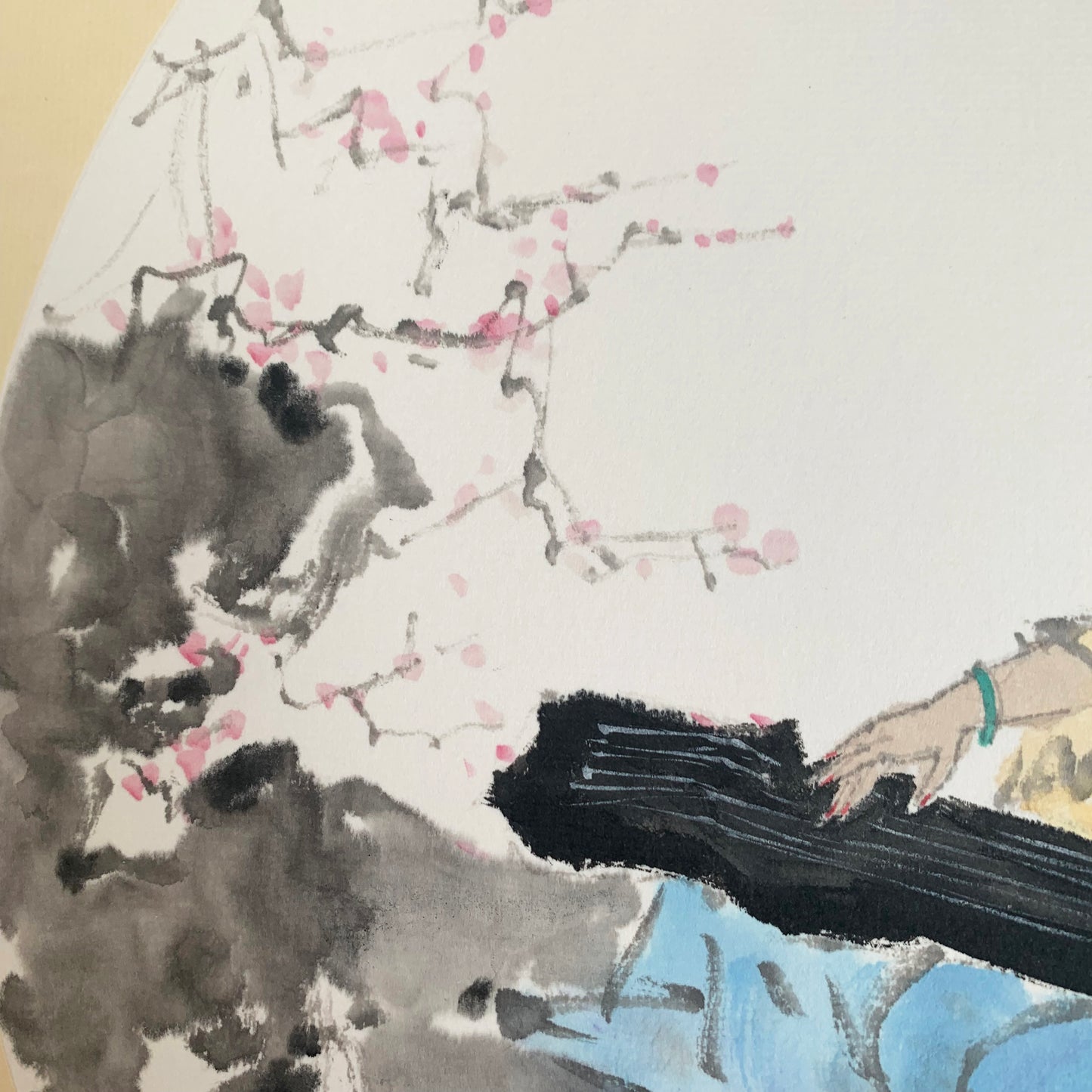 Ancient Beauty Playing Guqin Chinese Ink Painting