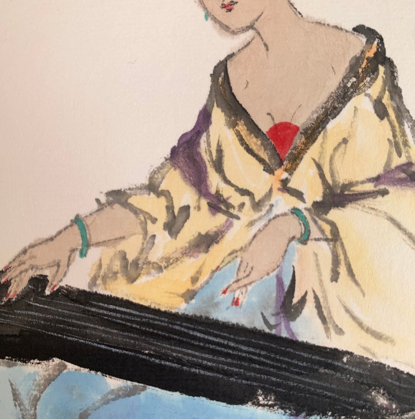 Ancient Beauty Playing Guqin Chinese Ink Painting