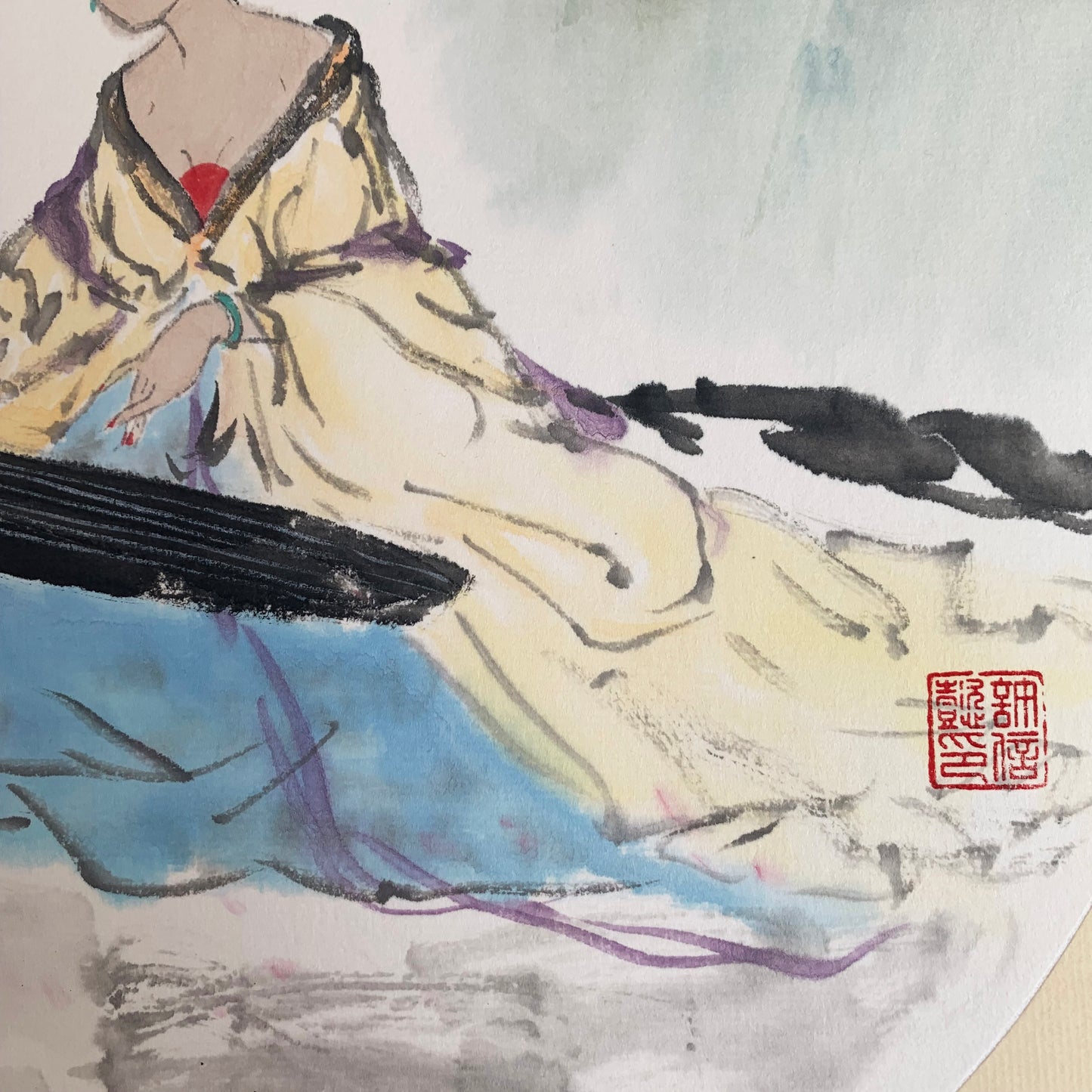 Ancient Beauty Playing Guqin Chinese Ink Painting